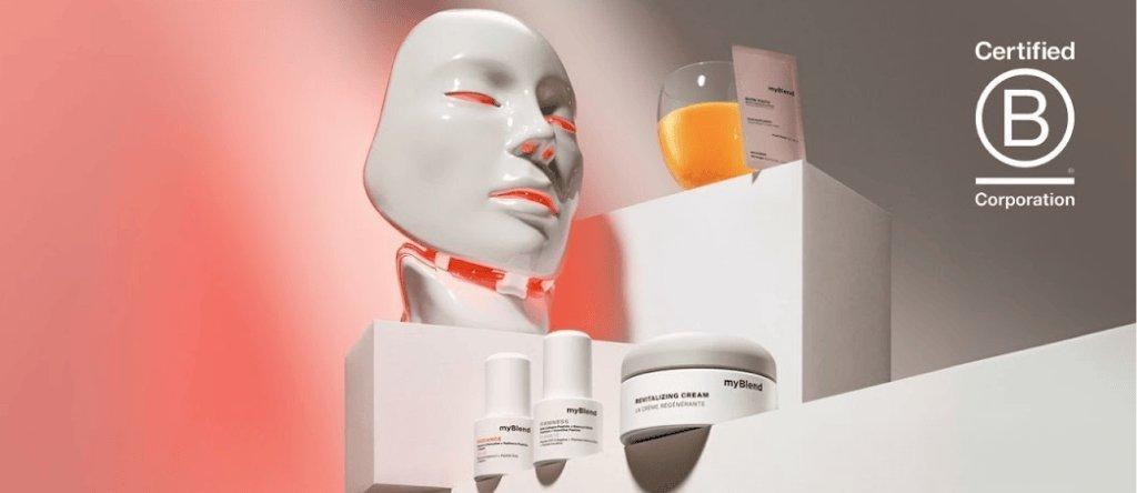 This is a banner for myBled showing an LED facemask and other myBlend products.